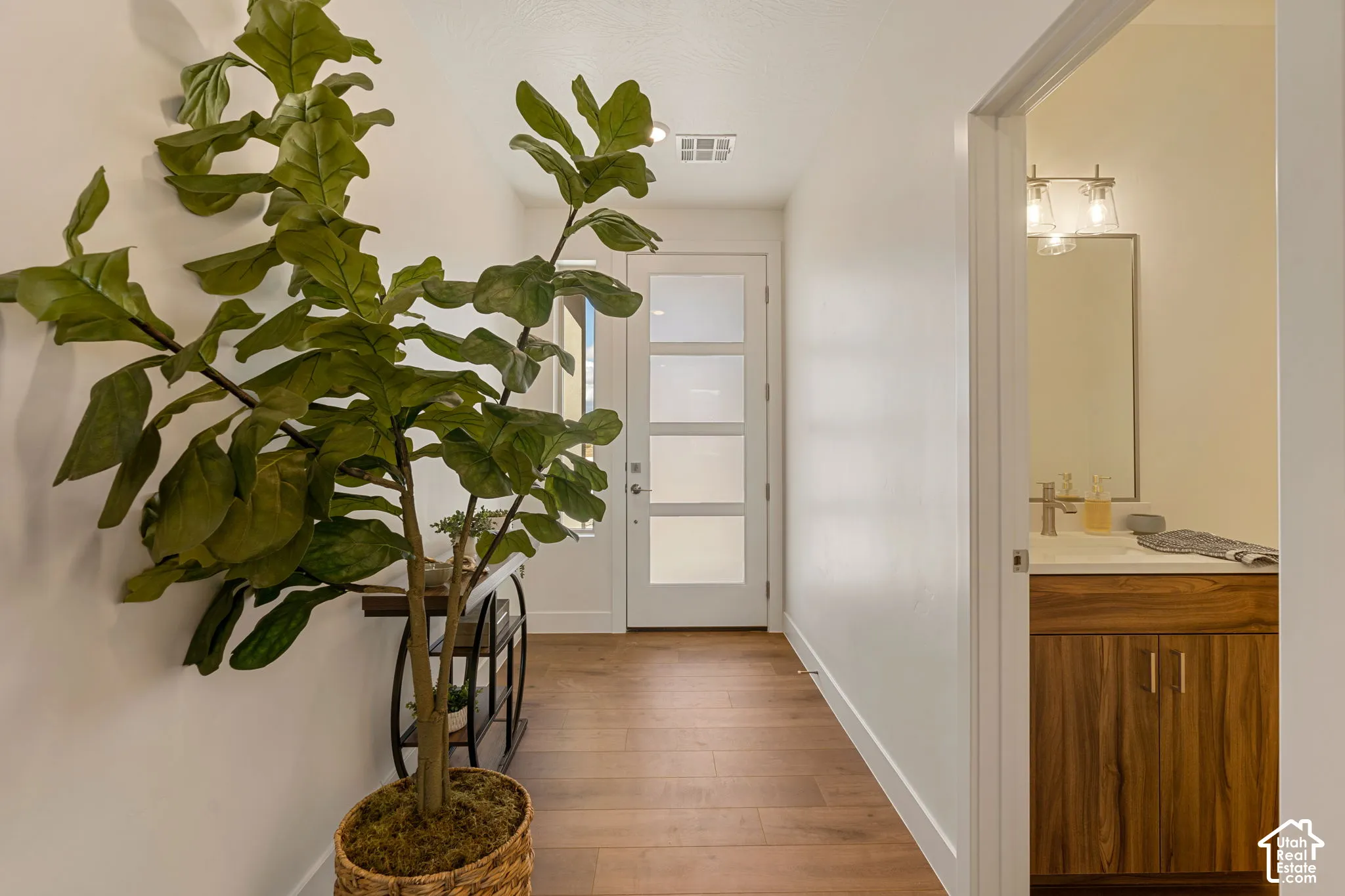 Welcoming hallway with warm wood-finish flooring, fresh white walls, and abundant natural light