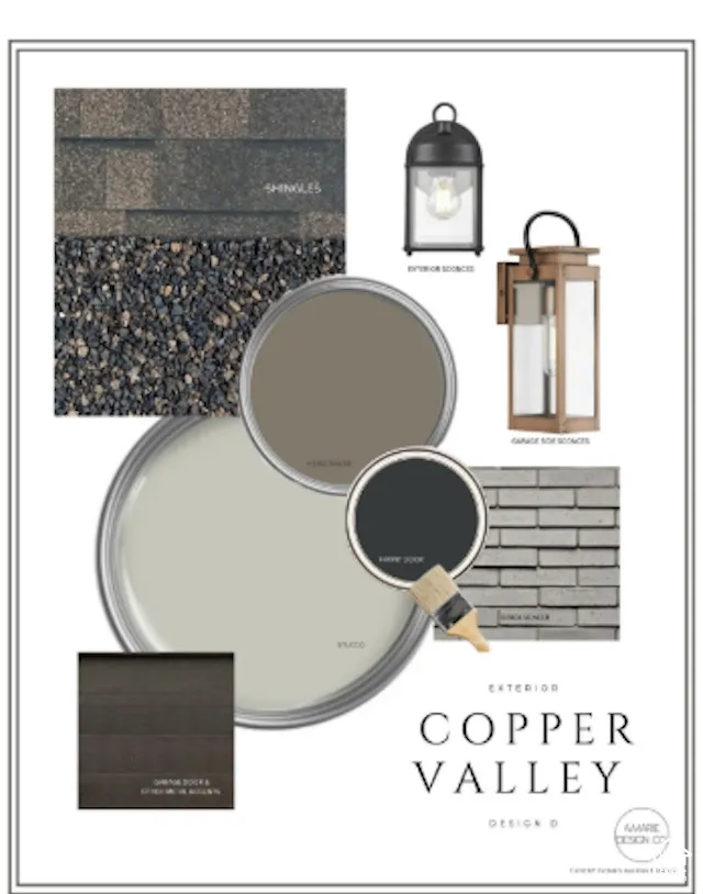Exterior Design Board. Illustrating material and color selections for the property's exterior elements