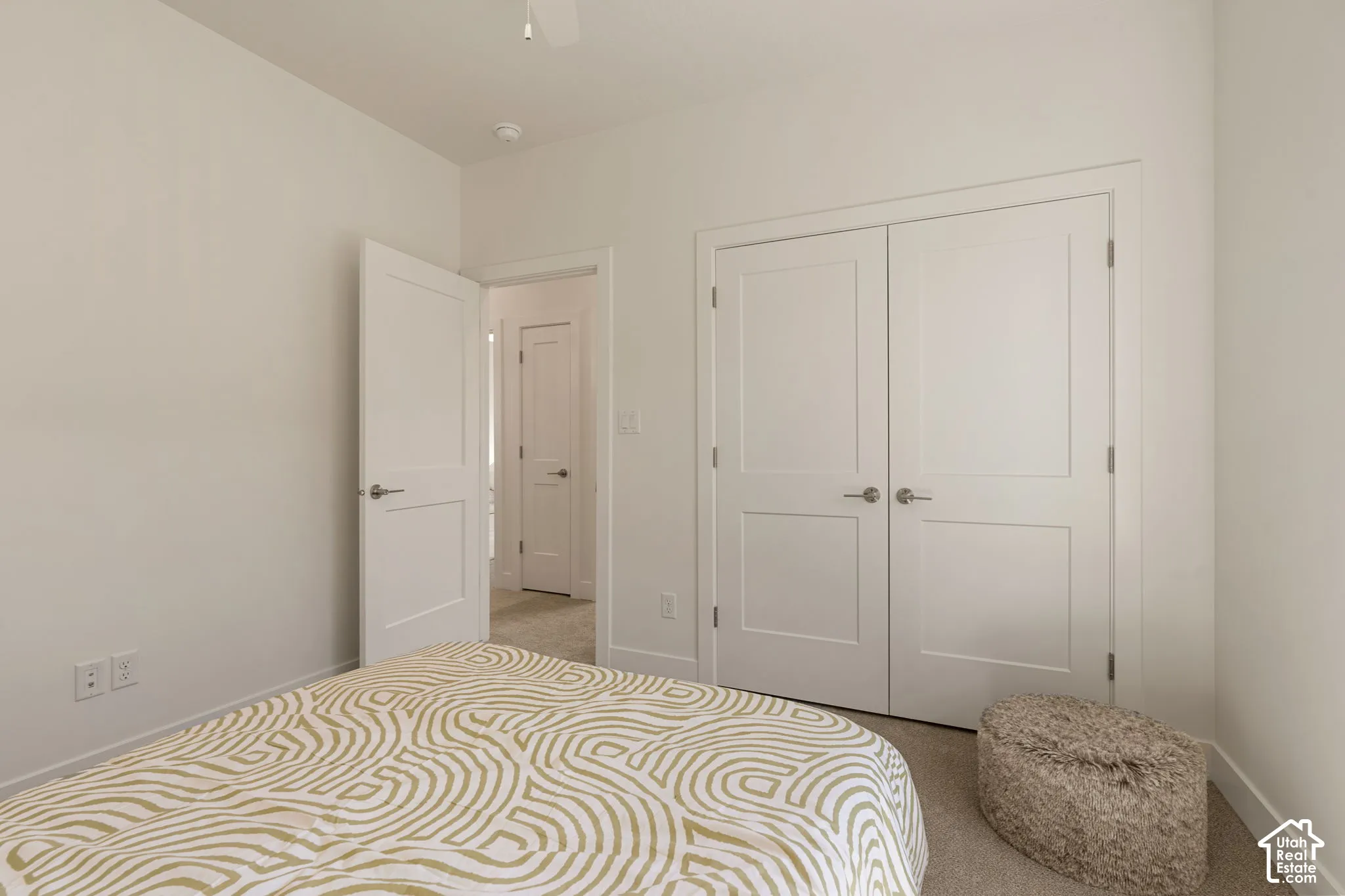 White interior doors, neutral wall paint, and light-colored carpeting