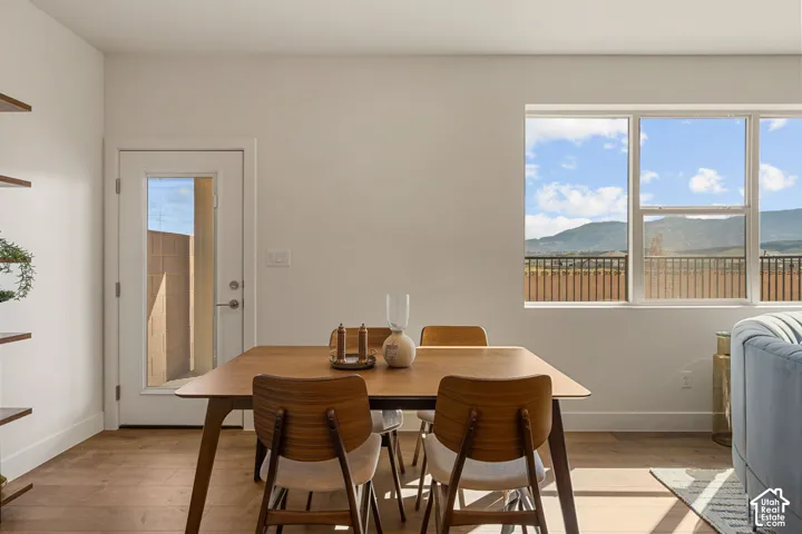 Wood-finish flooring with white baseboards, a full-lite glass door, and a multi-pane window with mountain scenery