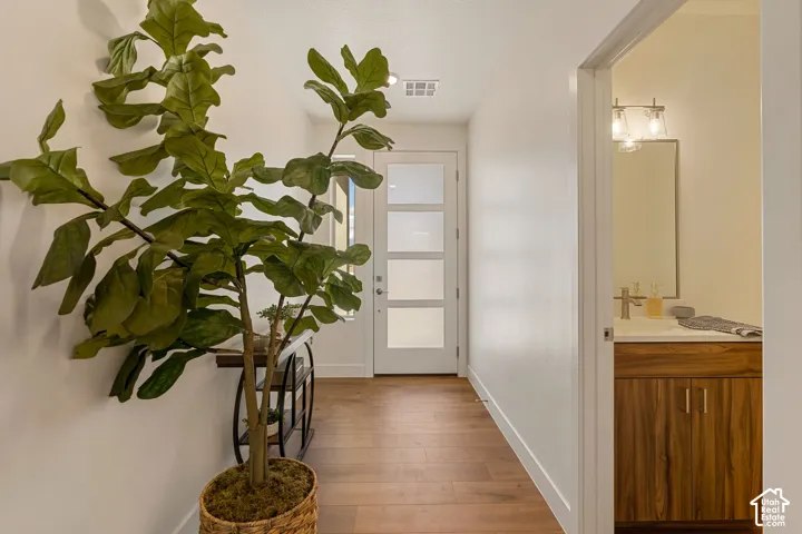 Welcoming hallway with warm wood-finish flooring, fresh white walls, and abundant natural light