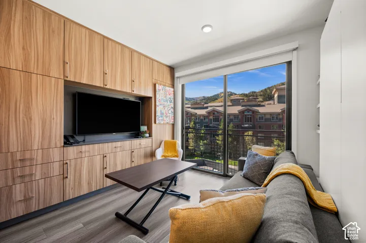 Built-in media center with wood-finish cabinetry