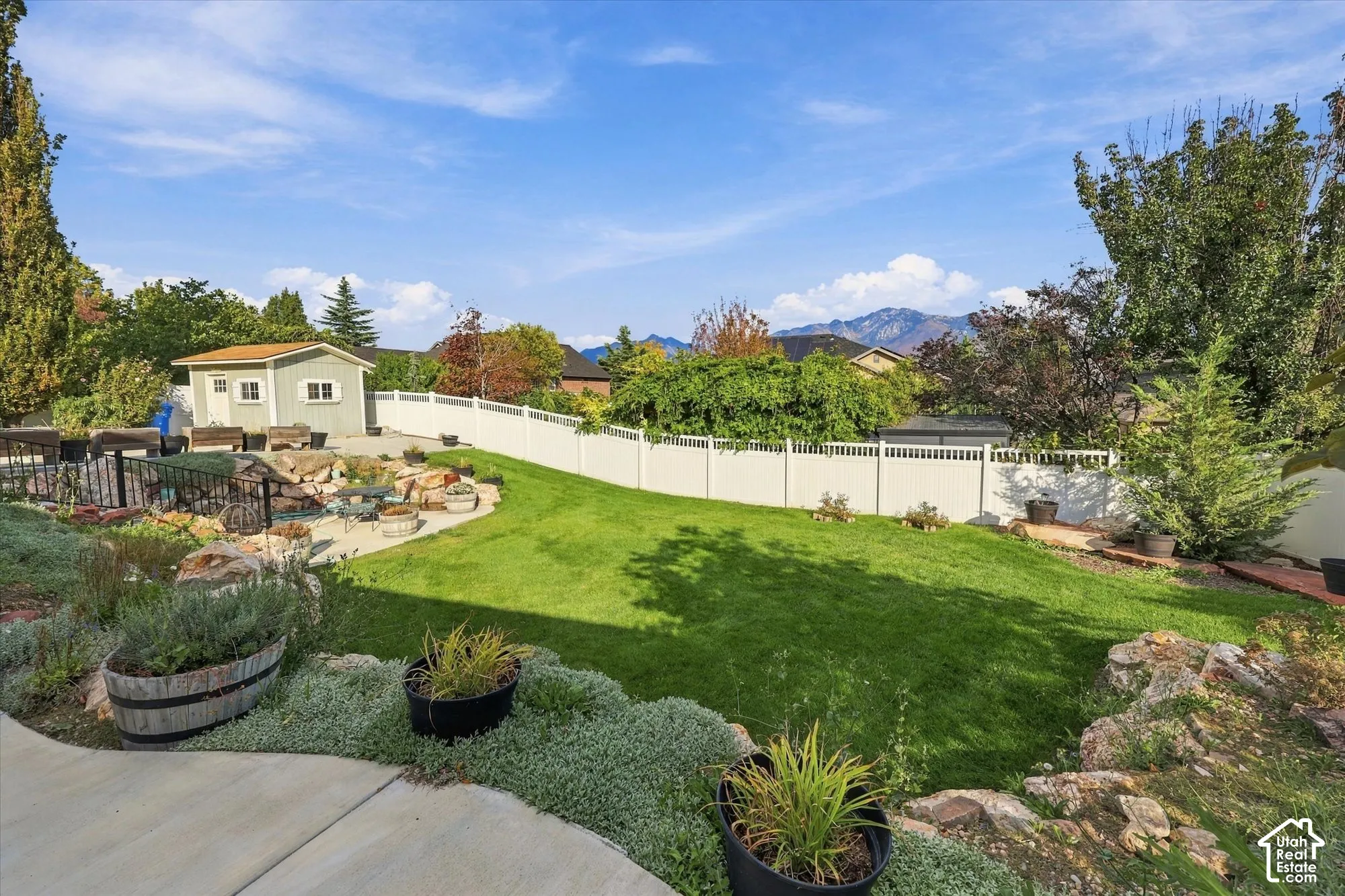 Expansive backyard featuring a lush lawn, concrete patio, and garden shed