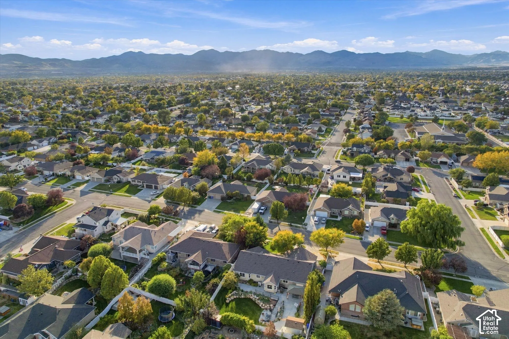 Aerial perspective showcasing a tree-lined residential community with mature landscaping, established neighborhoods, and mountain backdrop