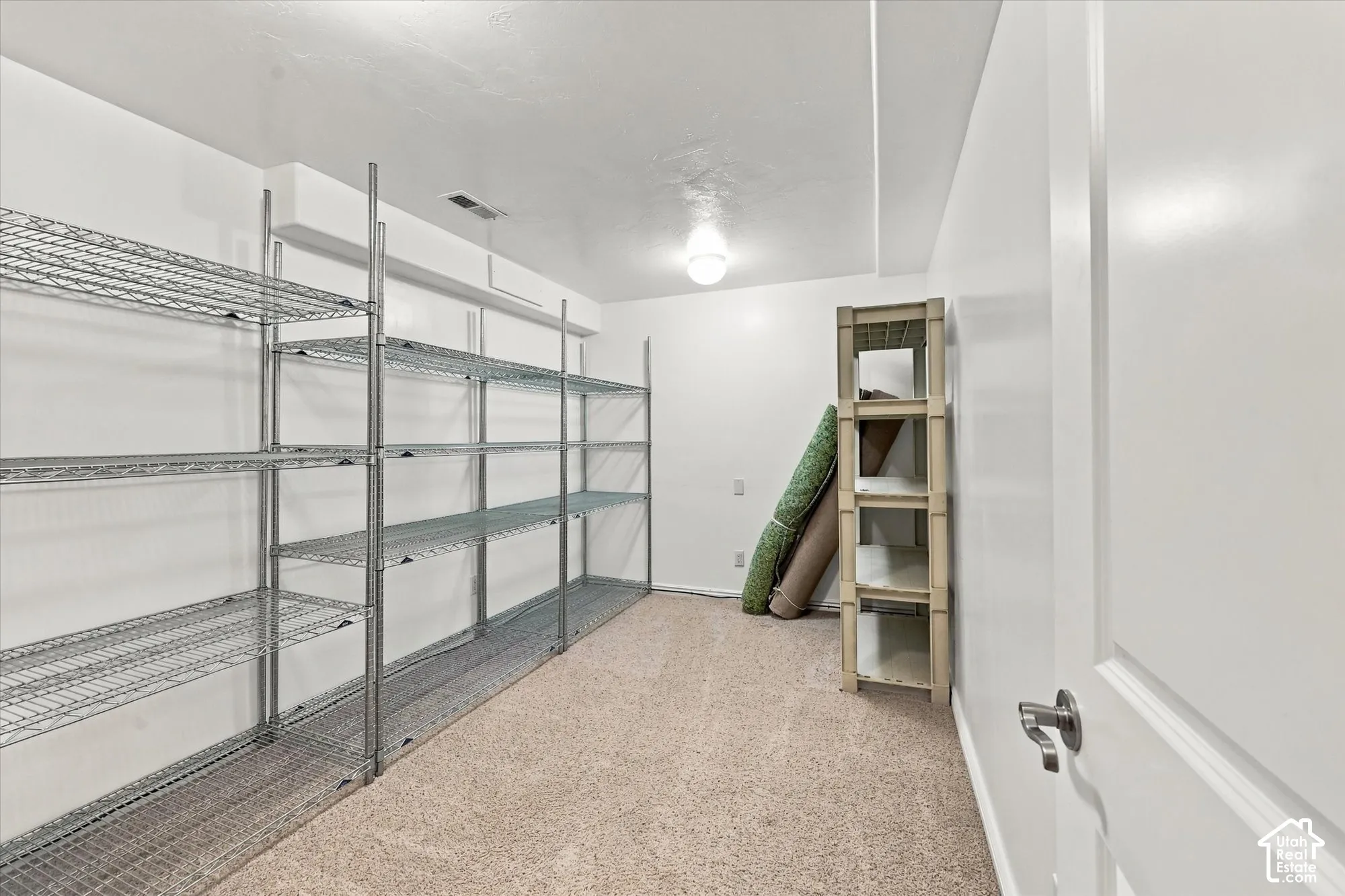 Expansive storage room featuring wall-to-wall wire shelving and neutral carpet flooring