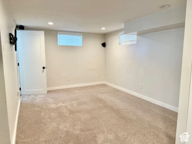 Recessed lighting, light-colored walls, carpeted flooring, and a white interior door