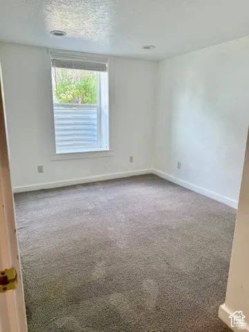 Recessed lighting, white painted walls, white trim, grey carpet, and a single window