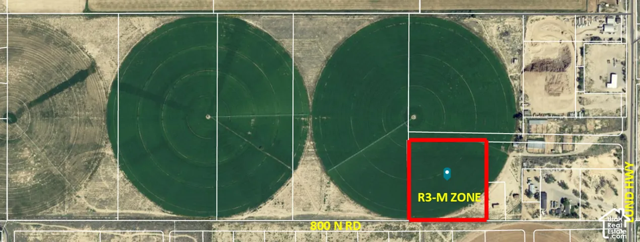 Aerial Survey Map. Depicting the property boundaries, irrigation infrastructure, and designated R3-M zoning area with measurement annotations