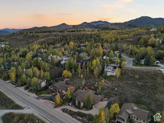 Expansive mountain setting with mature trees and paved roads