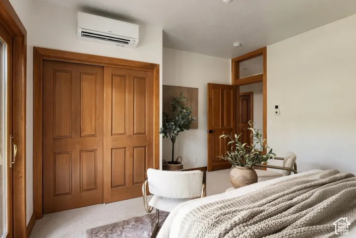 Warm wood-finish paneled closet doors, coordinating wood-frame interior doors, and a ceiling-mounted mini-split system