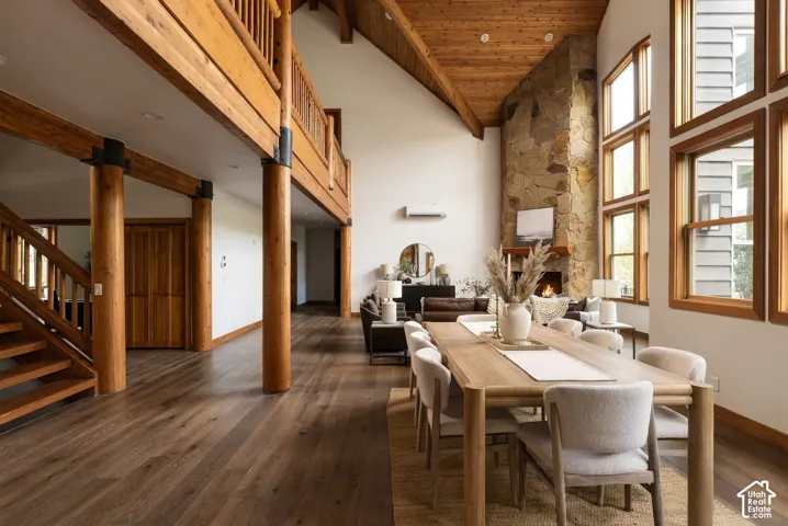 Vaulted wood-paneled ceiling, exposed wood beams, wood-finish flooring, stone-clad fireplace, and large multi-pane windows
