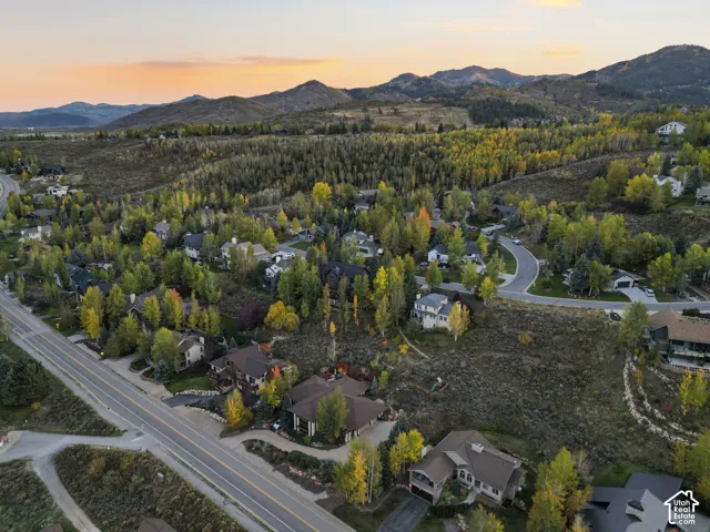 Aerial view showcasing this residential property nestled within a mature tree-lined community, surrounded by coniferous and deciduous forest