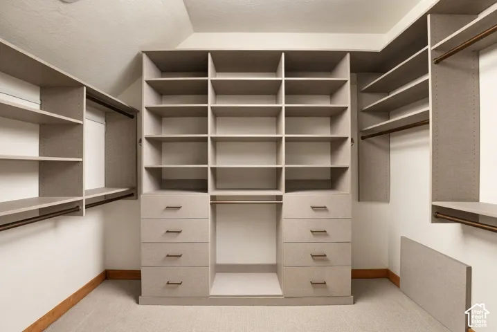 Custom closet system featuring extensive shelving, multiple hanging rods, integrated drawers, and neutral carpeting