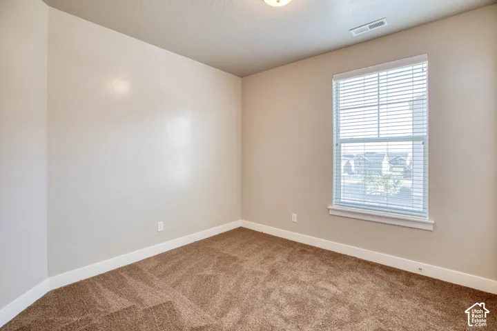 Carpeted flooring, single window with blinds, light-toned wall paint, and white trim