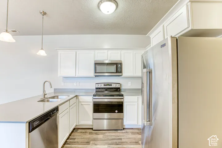 Kitchen featuring white cabinetry, stainless steel appliances, wood-finish flooring, and a double basin sink with a gooseneck faucet