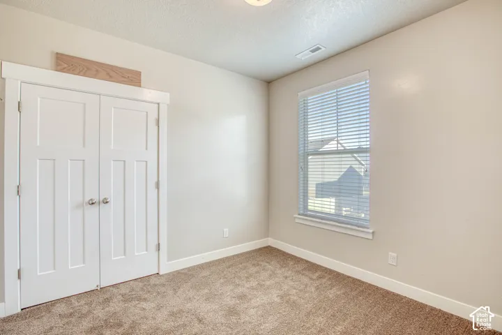 Plush carpet flooring, white trim details, window with horizontal blinds, and a built-in closet with double panel doors