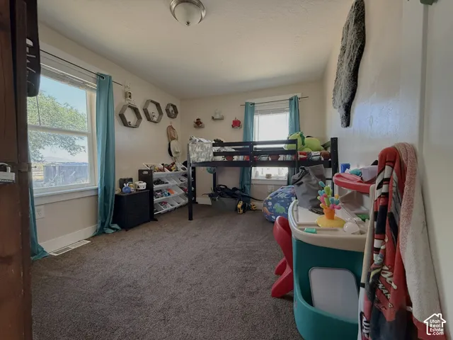 Wall-to-wall carpeting with light-colored walls and windows with white trim