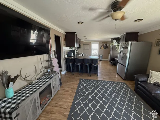 Wood-finish flooring, recessed ceiling lighting, crown molding, a ceiling fan, and dark wood cabinetry