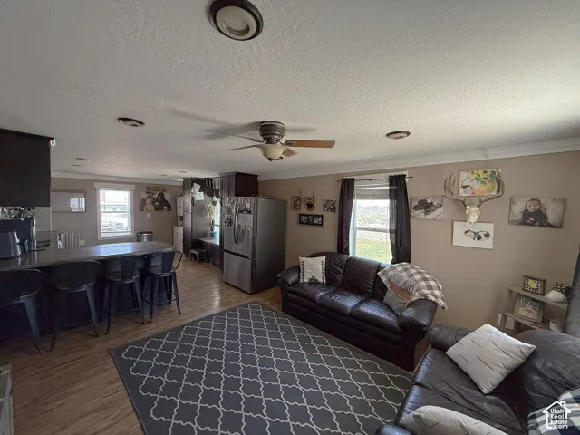 Open-concept living area with wood-finish flooring, a ceiling fan, and recessed lighting