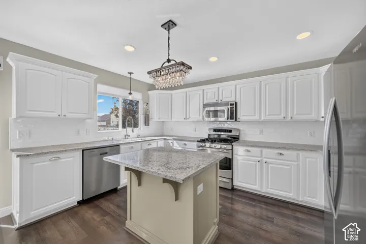 Kitchen with white cabinetry, stainless steel appliances, a central island, recessed lighting, and wood-finish flooring