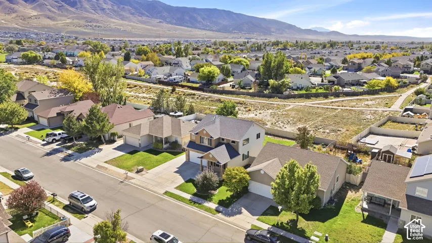 Mountain backdrop, residential street, manicured lawns, mature trees, multi-level homes