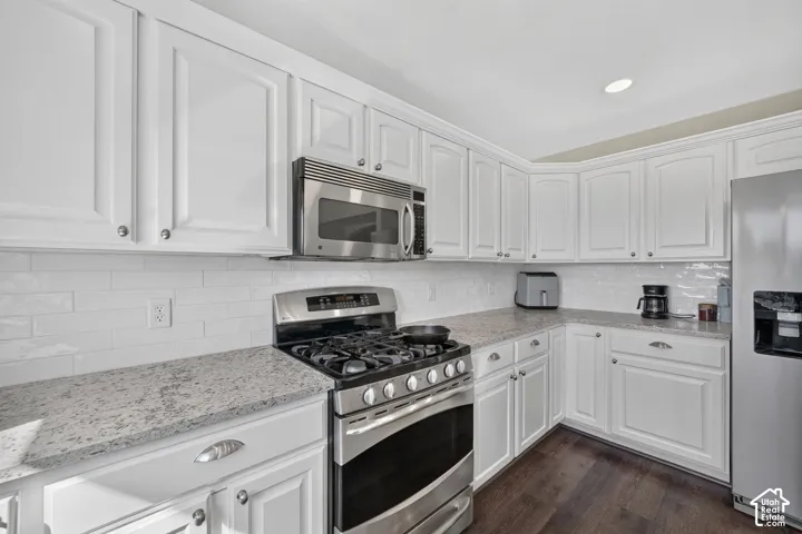 White cabinetry, stainless steel appliances, speckled countertops, tile backsplash, and dark wood-finish flooring