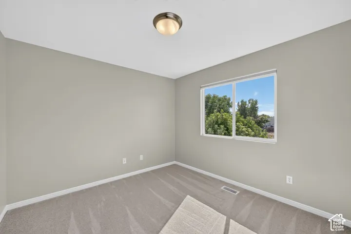 Neutral wall paint, carpet flooring, flush mount lighting, and a double-pane window