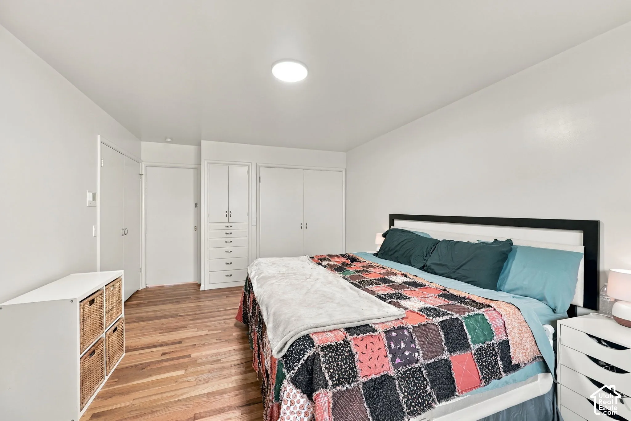 Wood-finish flooring, recessed lighting, built-in cabinetry, and white paneled doors