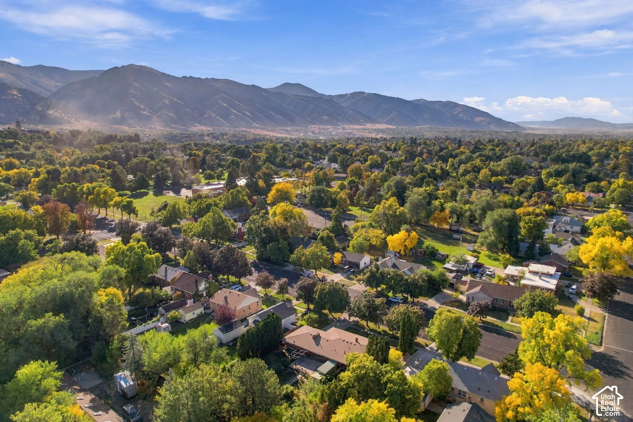 Aerial view showcasing a tree-lined residential neighborhood with mature landscaping, rolling mountain backdrop, and established single-family homes nestled throughout the community