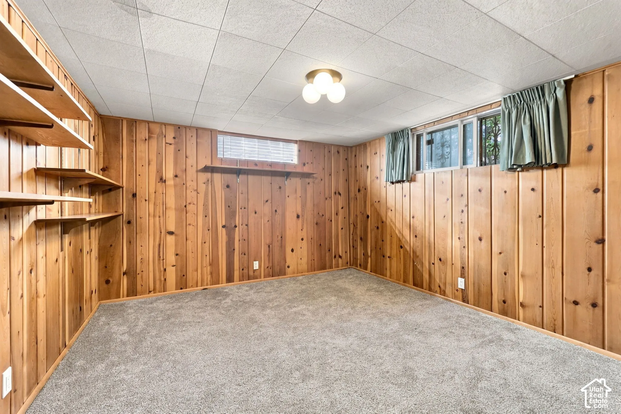 Finished basement featuring knotty pine wood paneling throughout, wall-to-wall carpeting, built-in shelving with display space, recessed ceiling lighting, and high windows providing natural illumination