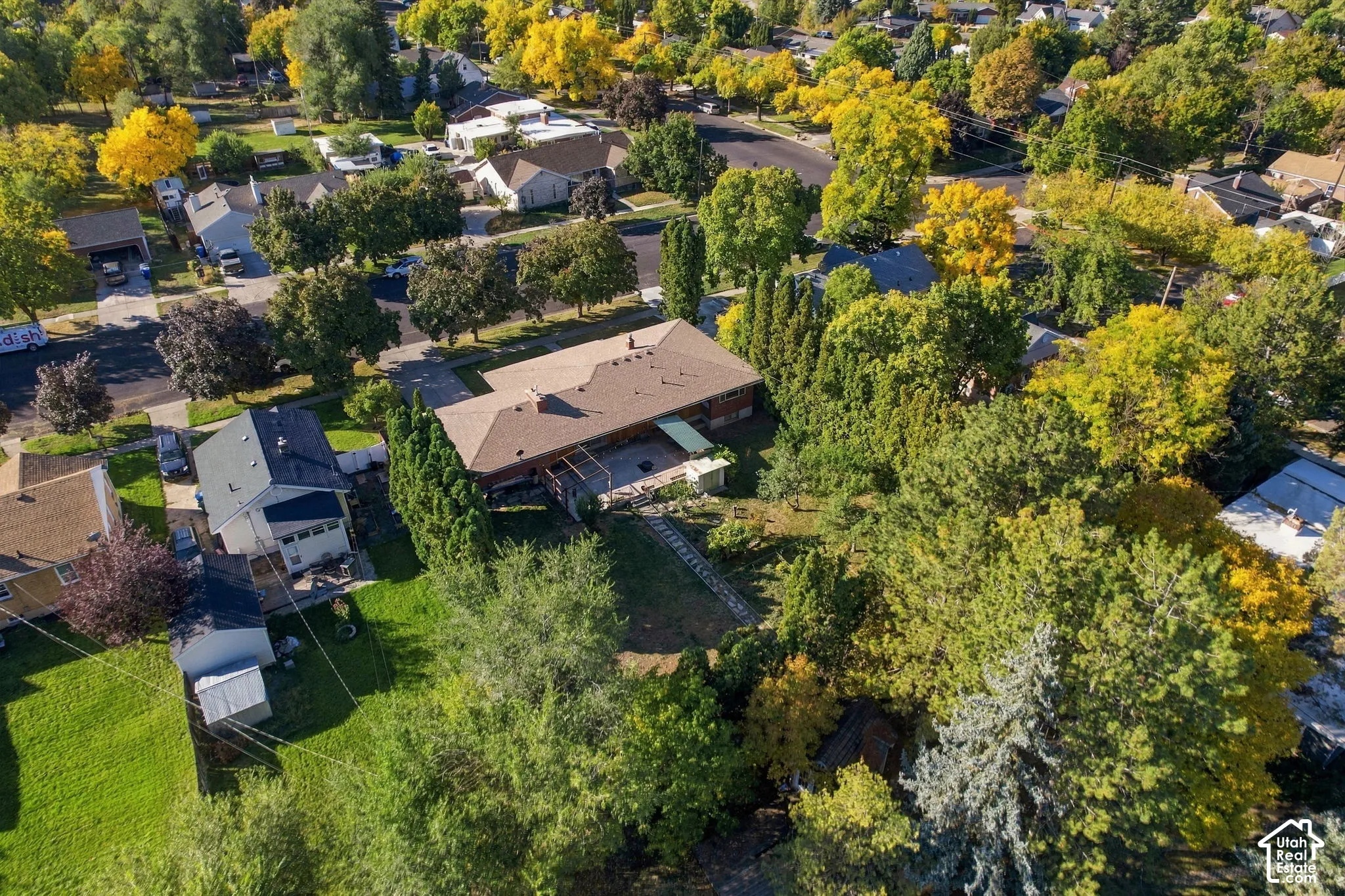 Mature landscaping with lush greenery and towering trees frames this residential property, featuring a single-story home with a brown composition roof and expansive grounds set within an established neighborhood setting