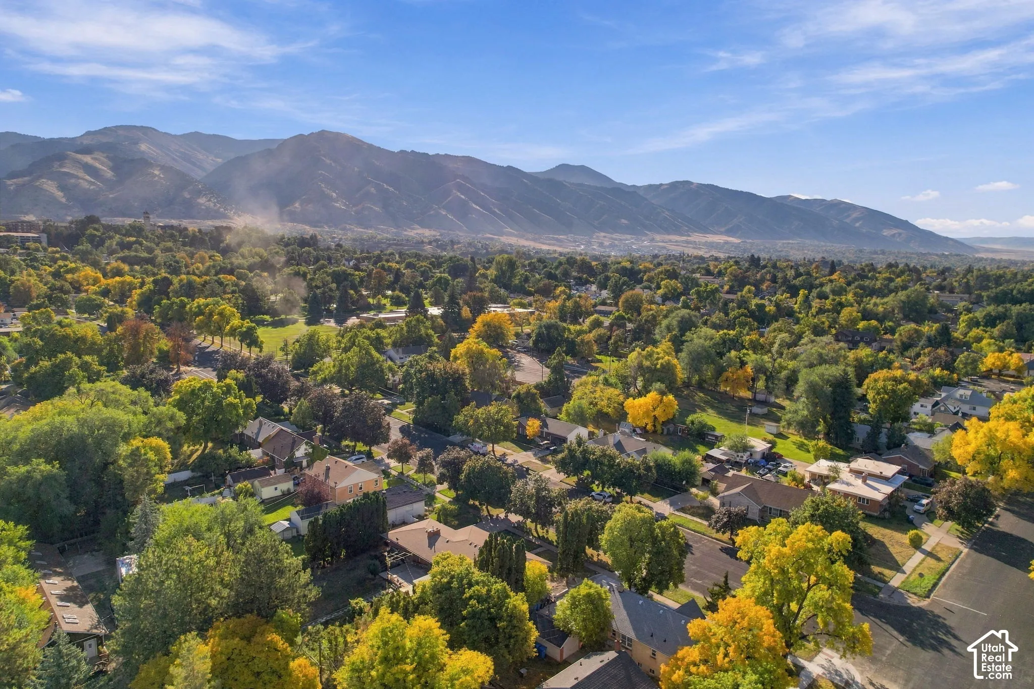 Expansive neighborhood with diverse residential structures, abundant mature trees, and mountainous terrain in the background