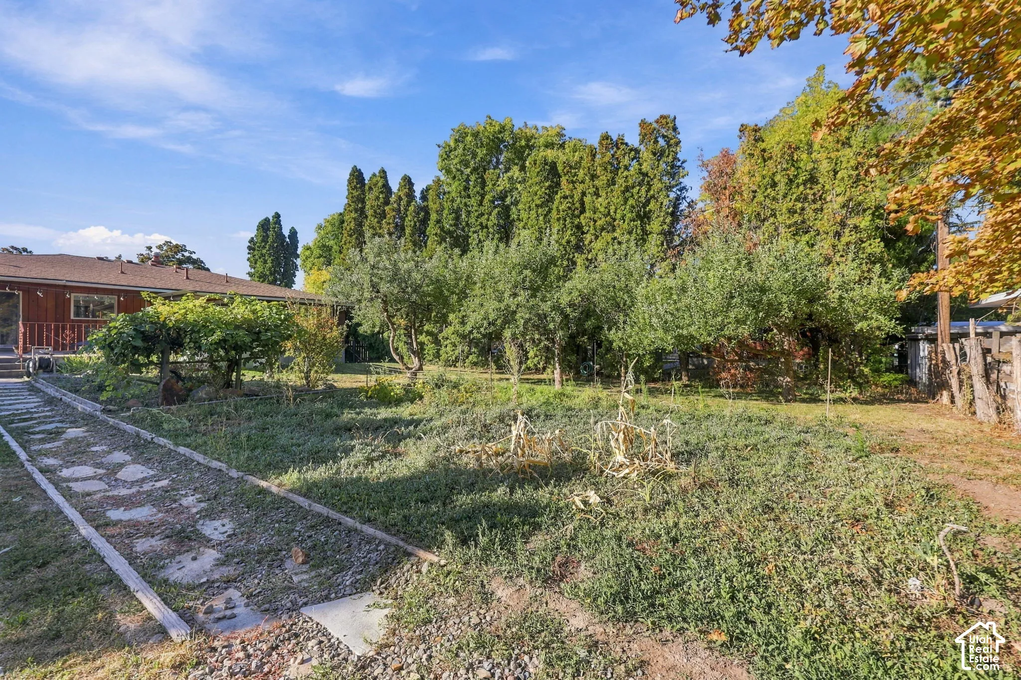 Expansive backyard with a stone path, mature trees, and a partial wood fence