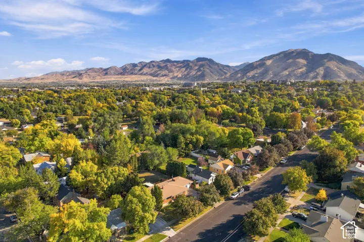 Lush tree-lined neighborhood with mature landscaping and mountain backdrop