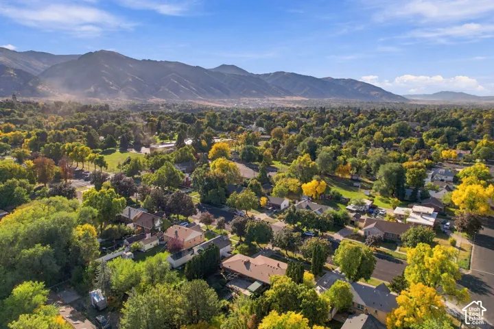 Aerial view showcasing a tree-lined residential neighborhood with mature landscaping, rolling mountain backdrop, and established single-family homes nestled throughout the community
