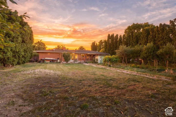 Expansive outdoor space featuring a brick exterior, a covered patio, and mature perimeter trees