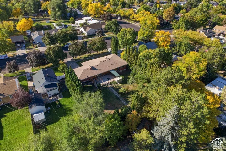 Mature landscaping with lush greenery and towering trees frames this residential property, featuring a single-story home with a brown composition roof and expansive grounds set within an established neighborhood setting