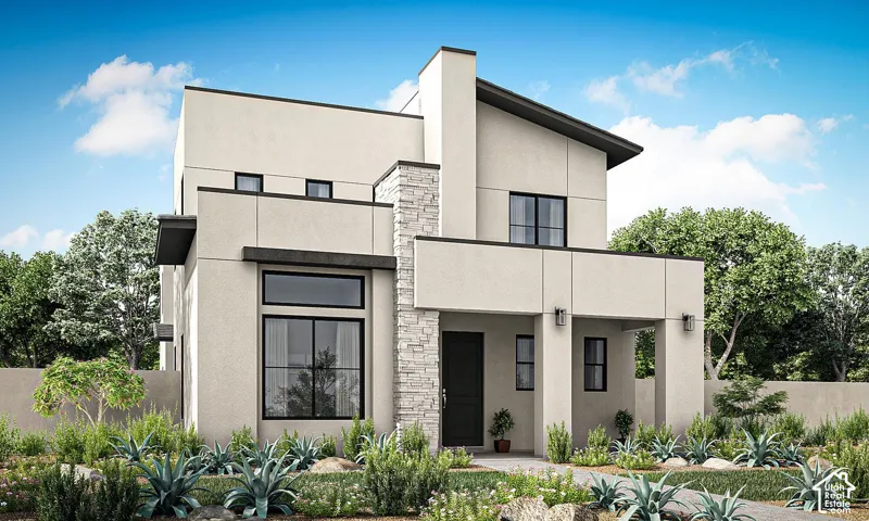 Modern exterior with a light stucco finish, stone accent column, and prominent flat roofline