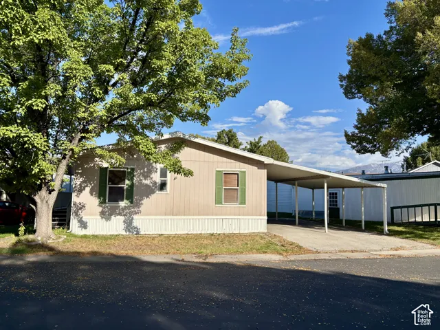 Exterior featuring a covered carport, established trees, and natural light
