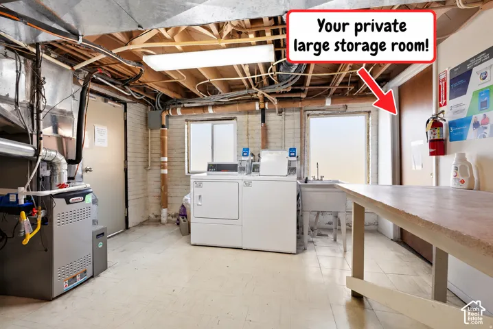 Semi private laundry and your own personal storage room, its large, like a bedroom size