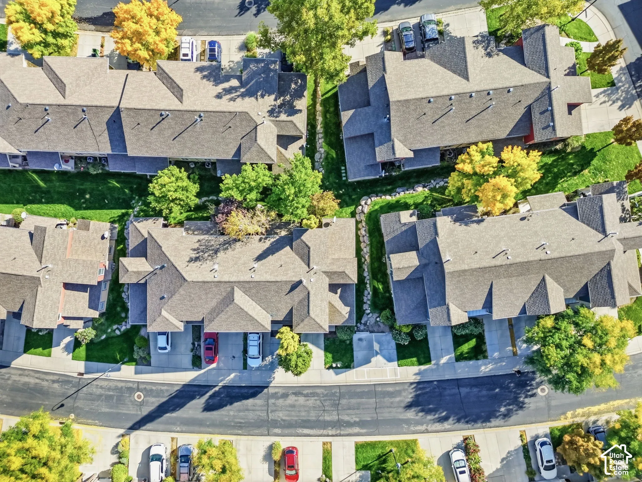 Residential area featuring multiple properties with dark shingle roofing, paved driveways, and mature trees