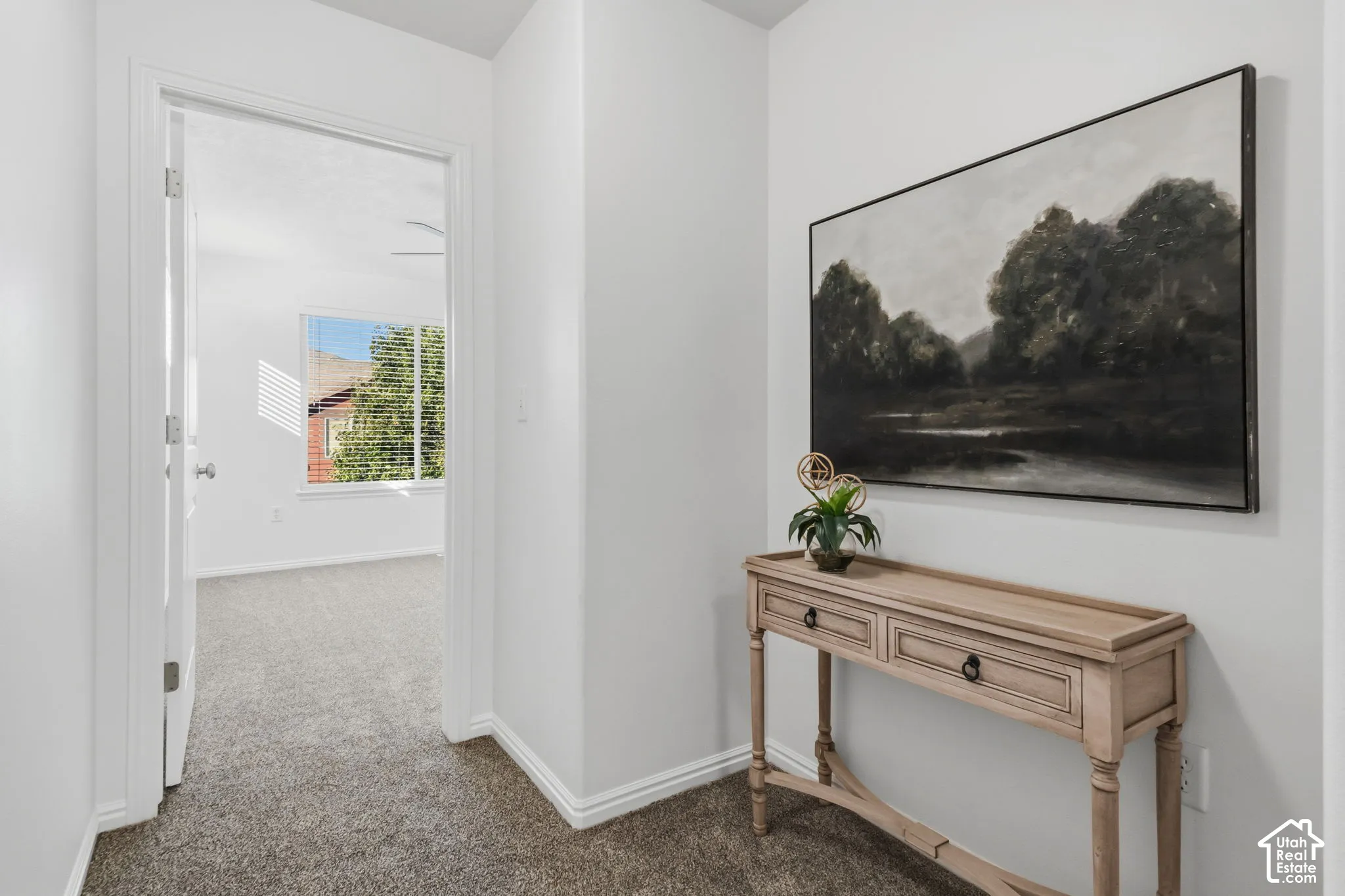 Plush carpet flooring throughout, white interior walls, and a light-colored wood console table