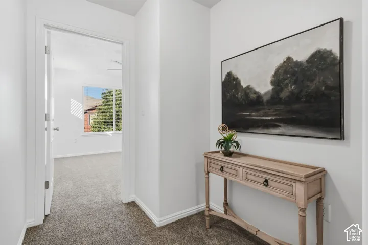 Plush carpet flooring throughout, white interior walls, and a light-colored wood console table