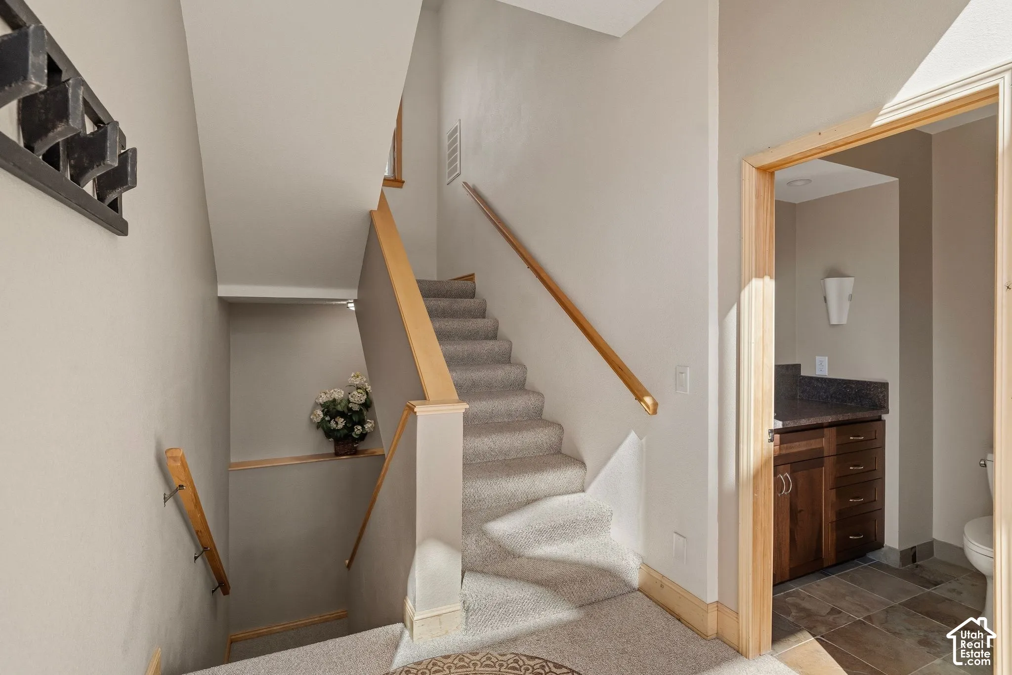 Bright staircase featuring neutral carpeting, wooden handrails, and abundant natural light from overhead skylights