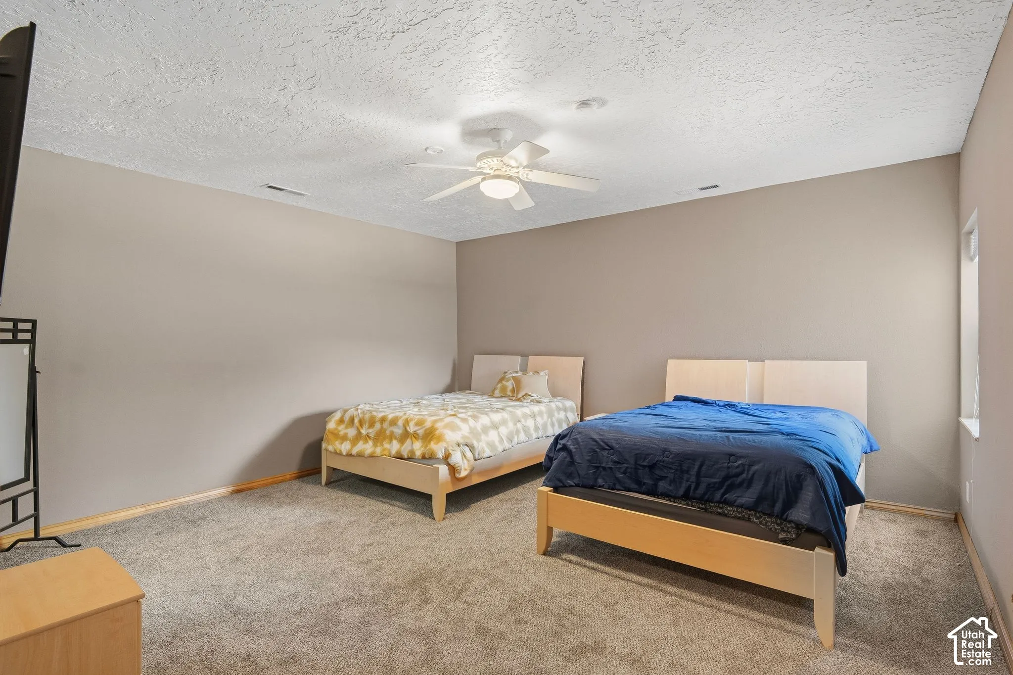 Wall-to-wall carpeting and neutral wall tones