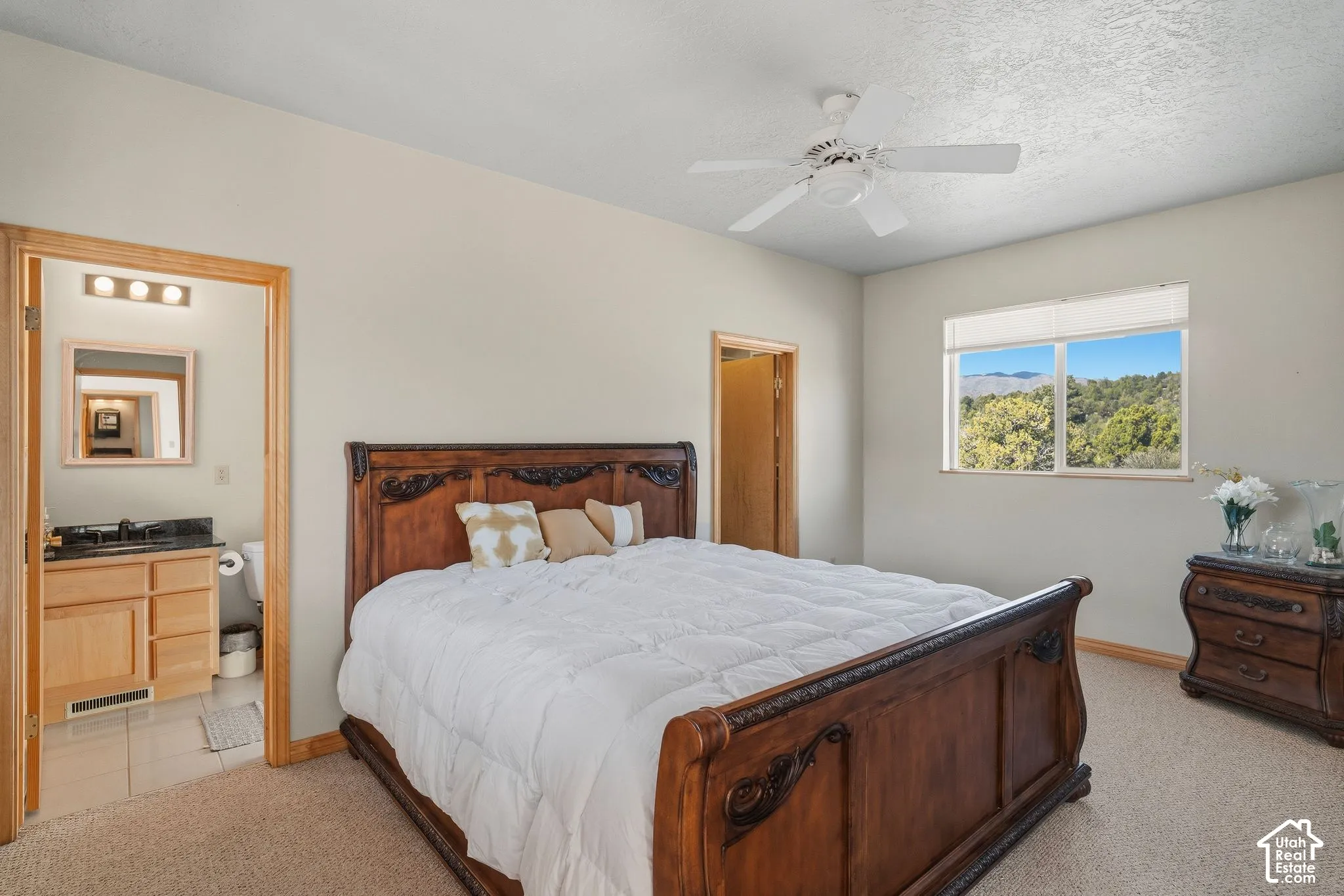 Spacious primary bedroom showcasing a wood-frame bed, neutral carpeting, and abundant natural light from a large window with scenic landscape views