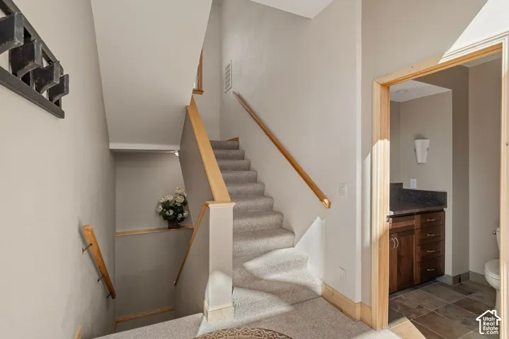 Bright staircase featuring neutral carpeting, wooden handrails, and abundant natural light from overhead skylights