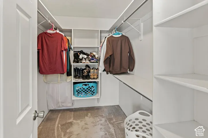 Spacious walk-in closet featuring dual hanging rods with multiple garment storage, built-in shelving with organized compartments, wood-finish flooring, and abundant natural lighting from recessed ceiling fixtures