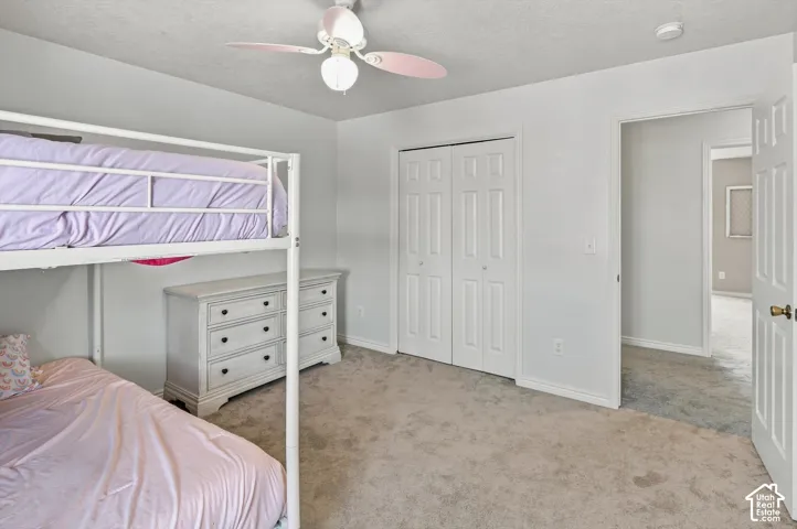 Carpeted room with a ceiling fan, white bi-fold closet doors, and light gray wall paint