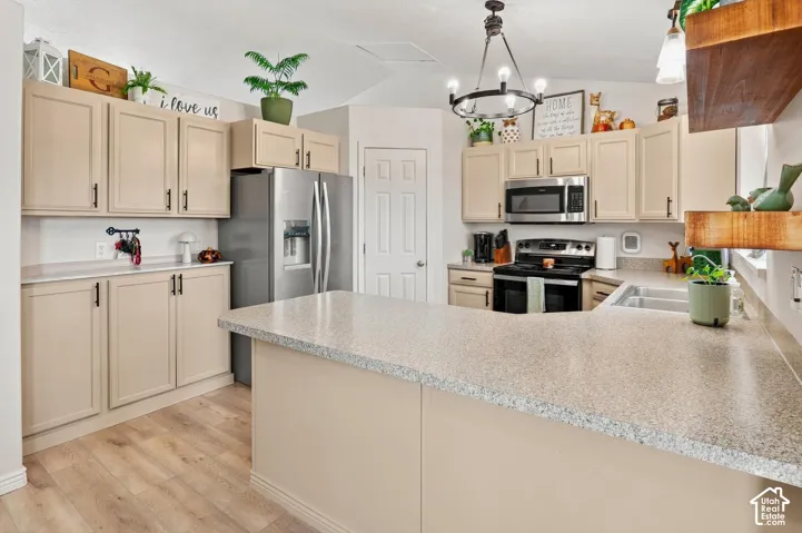 Kitchen featuring light-toned cabinetry, stainless steel appliances, wood-finish flooring, ample counter space, and a central island